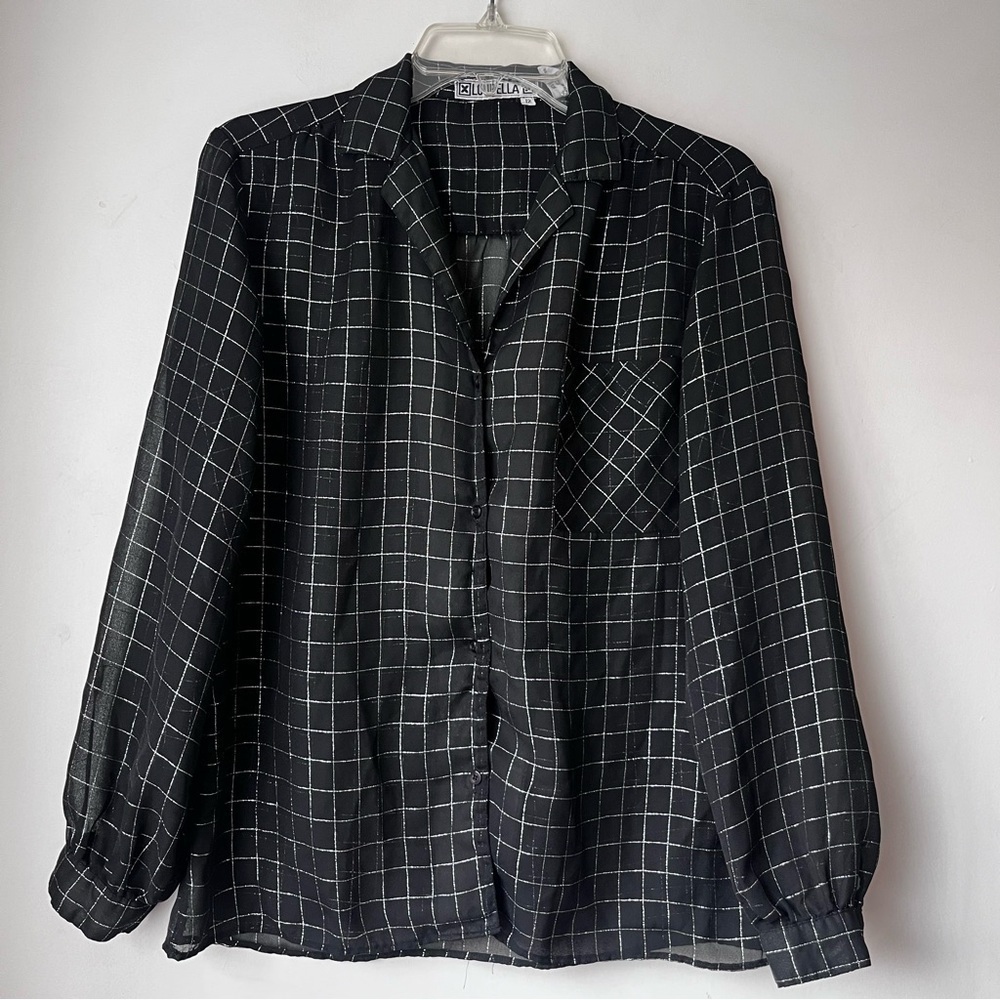 Vintage 80s Loubella Black Metallic Silver Grid Sheer Button Front Shirt 12